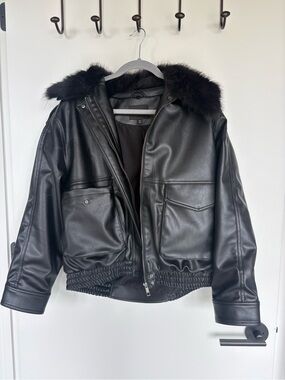 Zara Black Faux Leather Jacket with Fur Collar